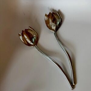 Mariposa Serving Spoons Tongs Tulips Vintage 1992 13" Set of 2 Silver Color